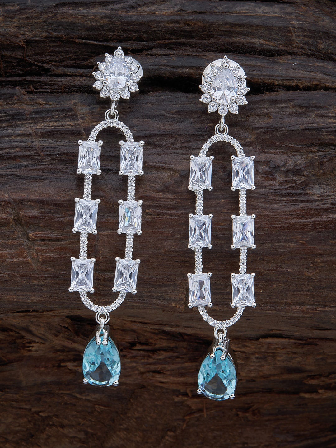 

Kushal's Fashion Jewellery Sea Green & White Rhodium-Plated Cubic Zirconia Drop Earrings