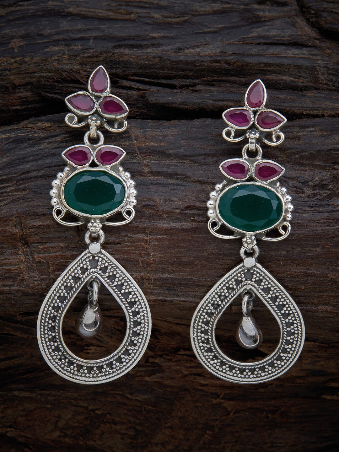 

Kushal's Fashion Jewellery Silver-Toned & Green Rhodium-Plated Drop Earrings