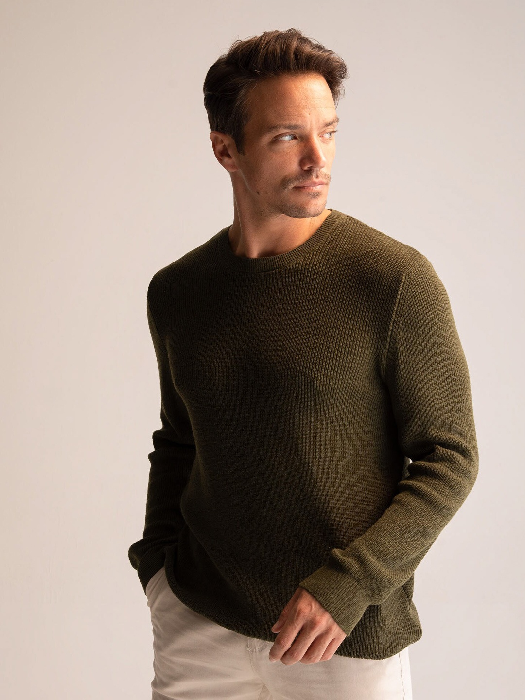 

DeFacto Men Khaki Cotton Ribbed Pullover