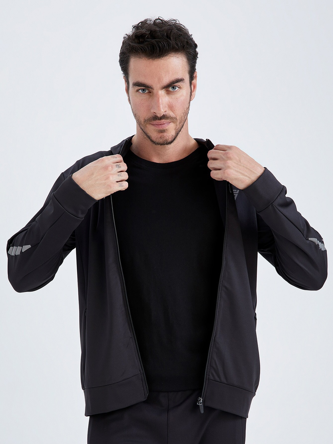 

DeFacto Men Black Hooded Long Sleeves Open Front Jacket
