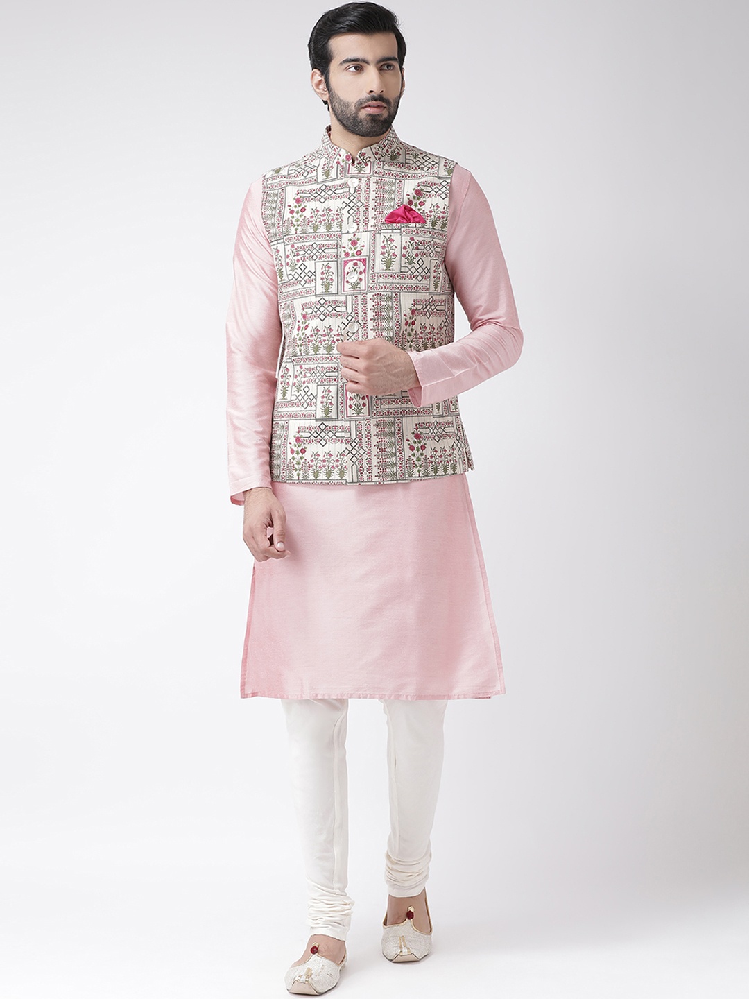 

KISAH Men Regular Fit Printed Kurta Jacket Churidar Set, Pink