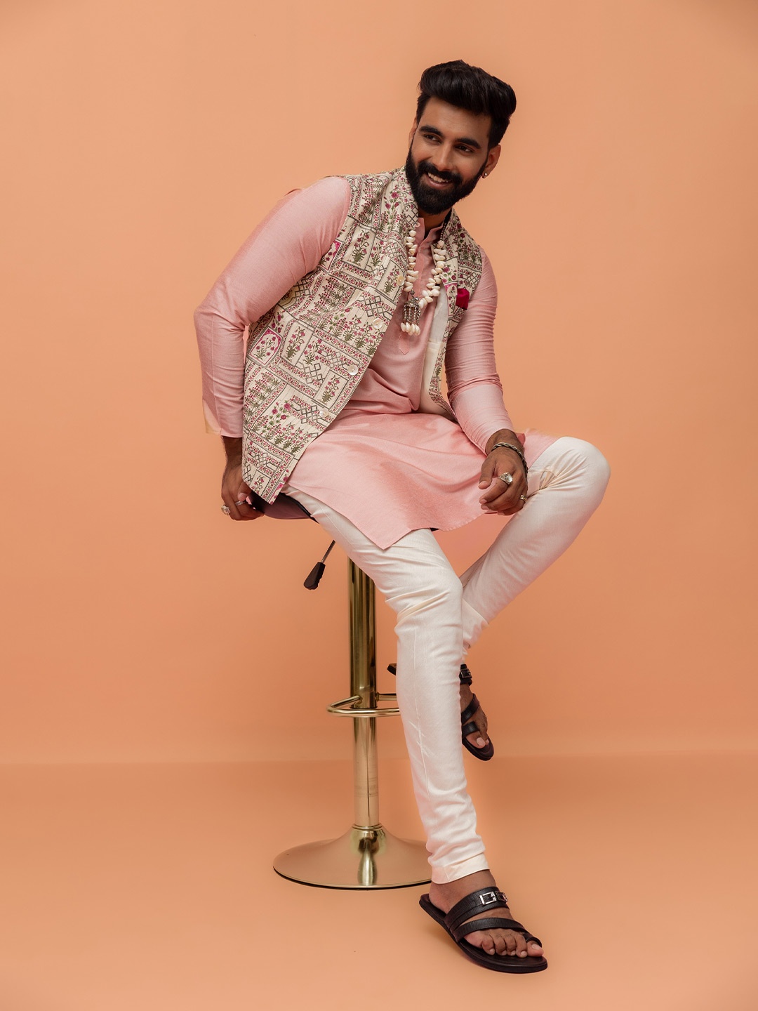 

KISAH Men Regular Fit Printed Kurta Jacket Churidar Set, Pink