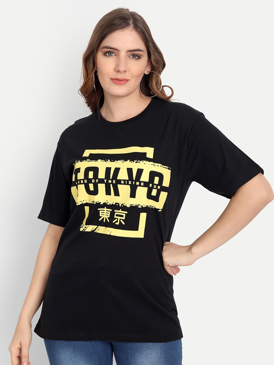 COLOR CAPITAL Women Black & Yellow Cotton Printed Boxy T-shirt