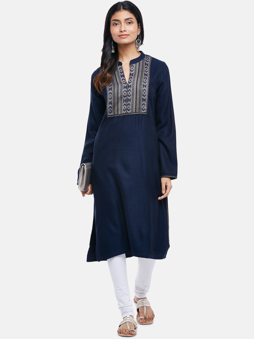 

RANGMANCH BY PANTALOONS Women Blue Chevron Yoke Design Thread Work Kurta