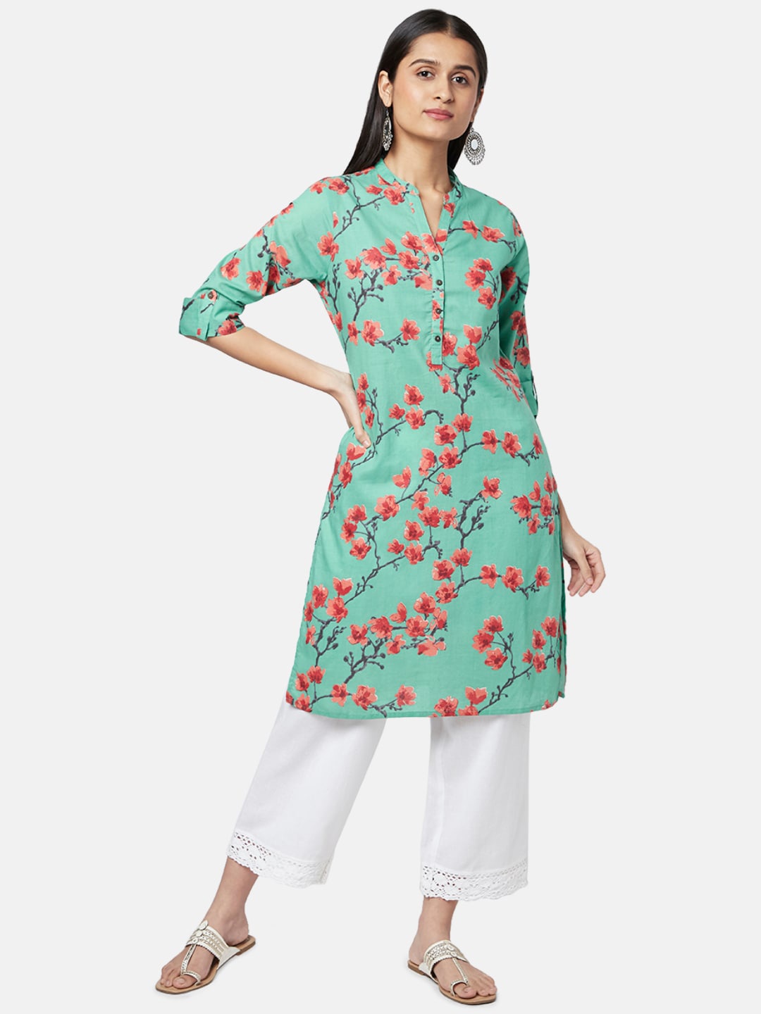 RANGMANCH BY PANTALOONS Women Green Floral Printed Straight Kurta