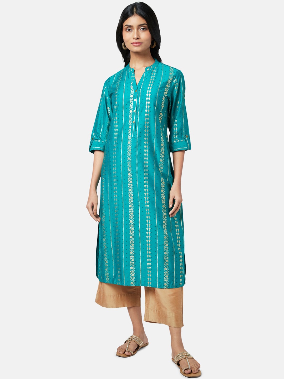 

RANGMANCH BY PANTALOONS Women Teal Printed Rolled- Up Sleeves Straight Kurta