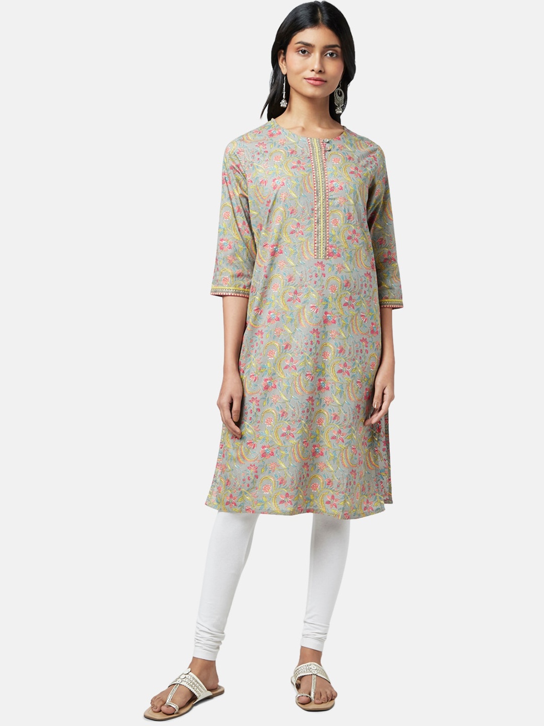 

RANGMANCH BY PANTALOONS Women Grey & Pink Floral Printed Straight Kurta