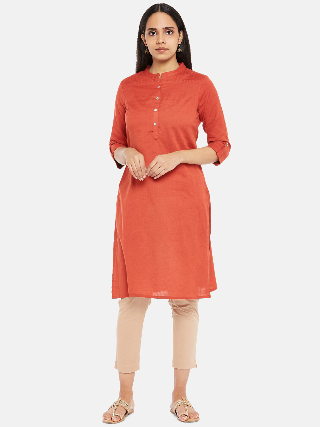 

RANGMANCH BY PANTALOONS Women Rust Solid Straight Rolled - Up Sleeves Kurta