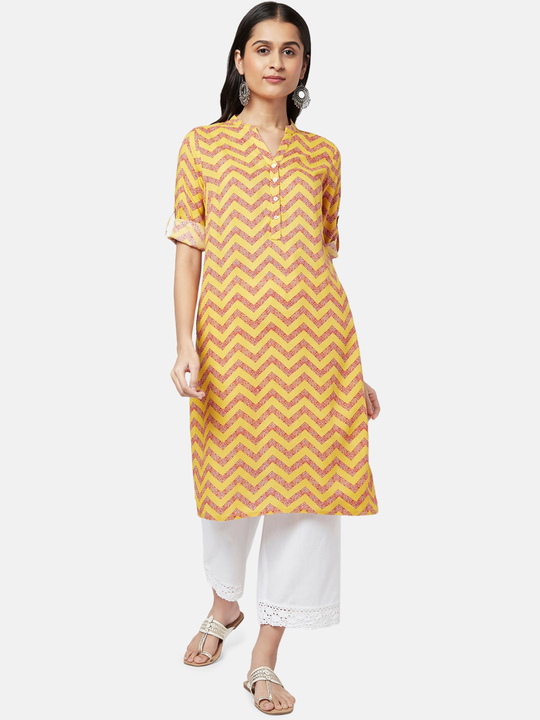 

RANGMANCH BY PANTALOONS Women Mustard Yellow Chevron Printed Straight Kurta