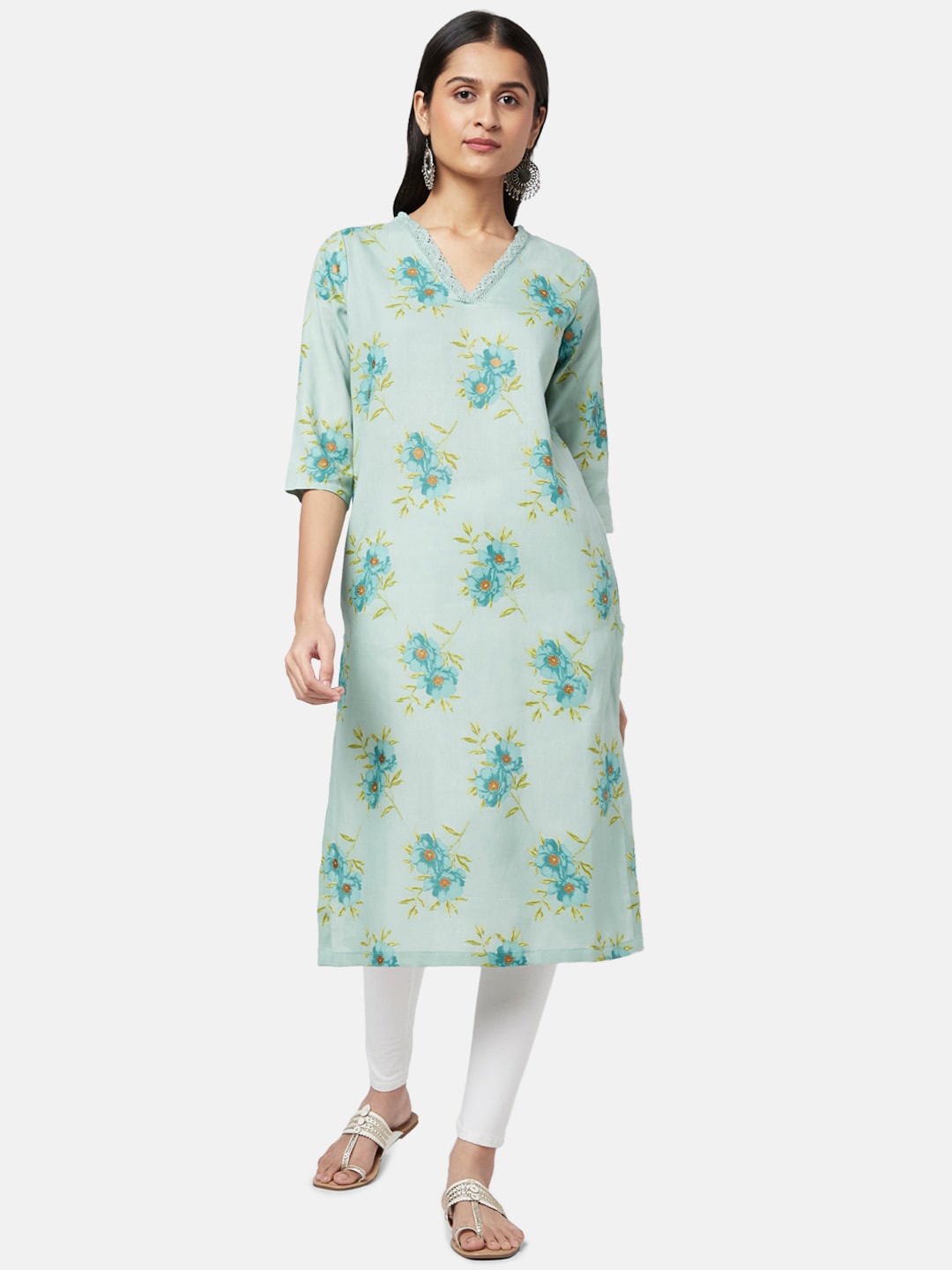 

RANGMANCH BY PANTALOONS Women Teal Floral Printed Straight Kurta