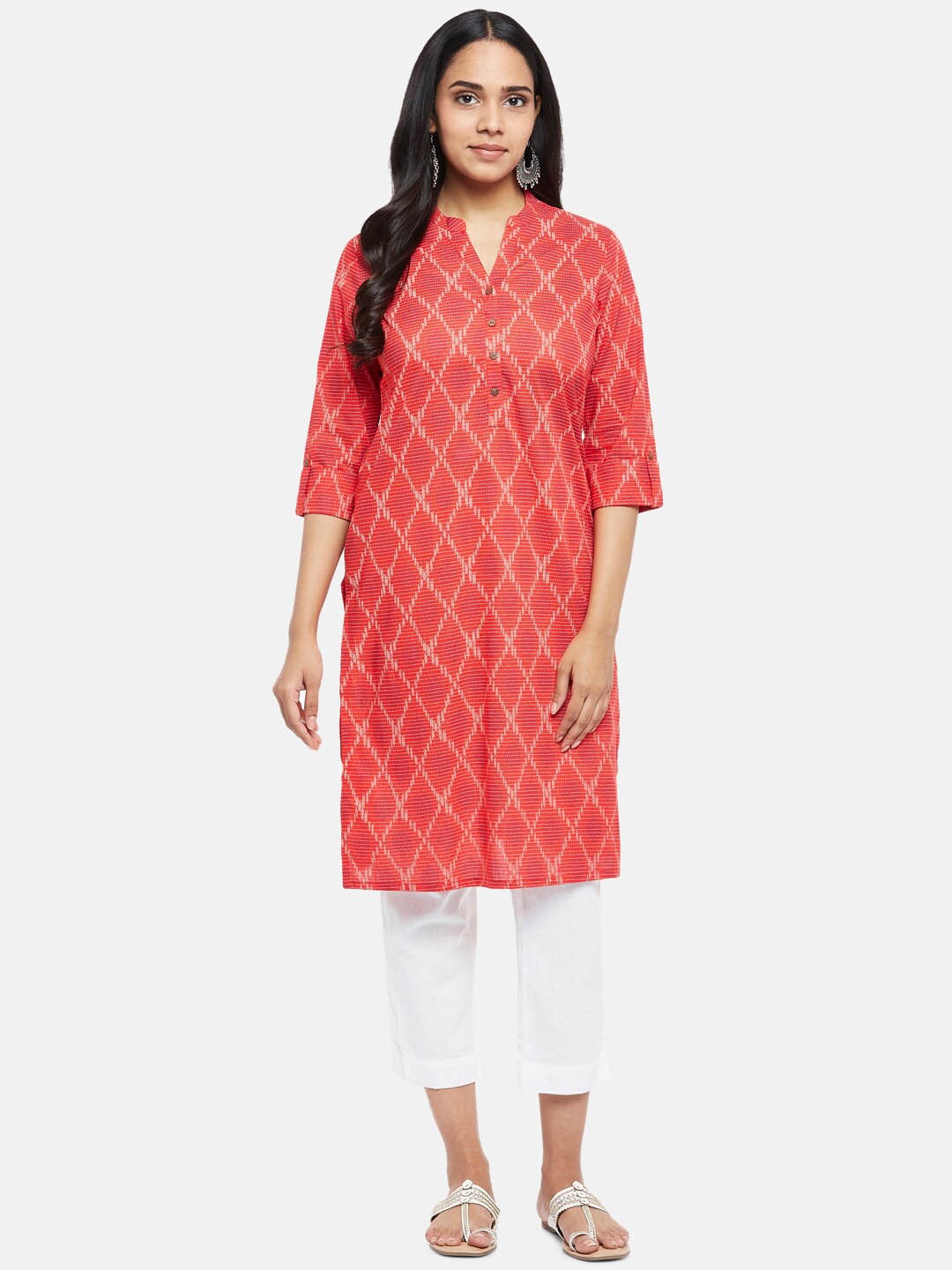 

RANGMANCH BY PANTALOONS Women Coral Geometric Printed Thread Work Straight Kurta