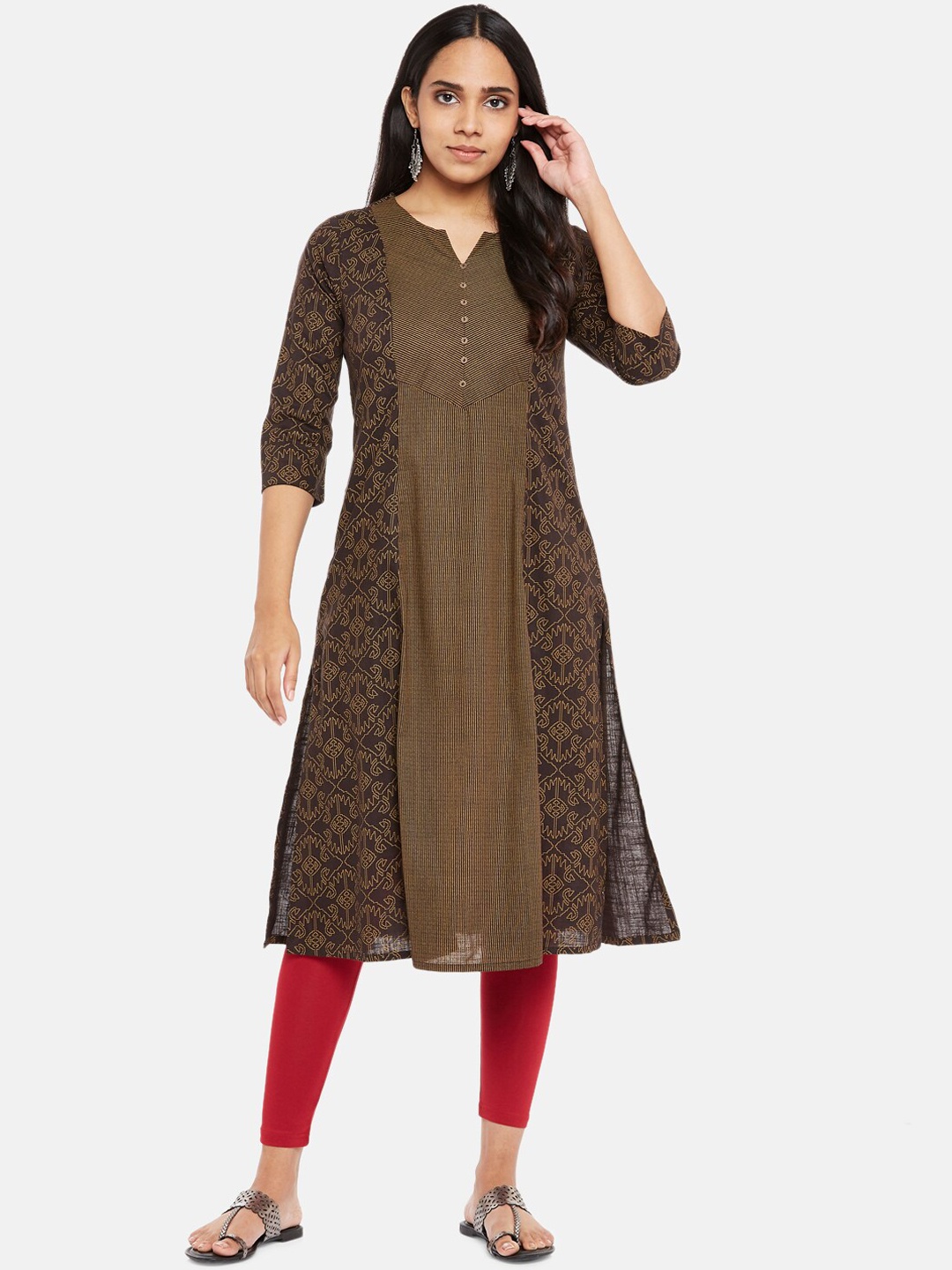 

RANGMANCH BY PANTALOONS Women Brown Ethnic Motifs Printed A-Line Kurta