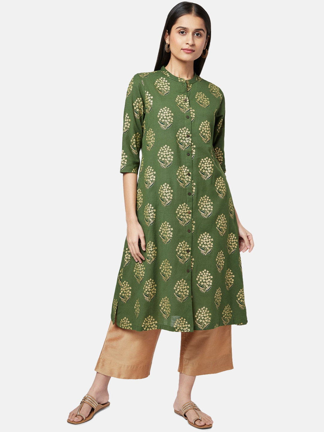 

RANGMANCH BY PANTALOONS Women Olive Green Ethnic Motifs Printed Thread Work Kurta