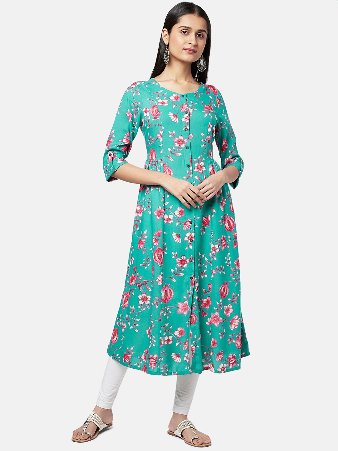 

RANGMANCH BY PANTALOONS Women Teal Floral Printed Anarkali Kurta