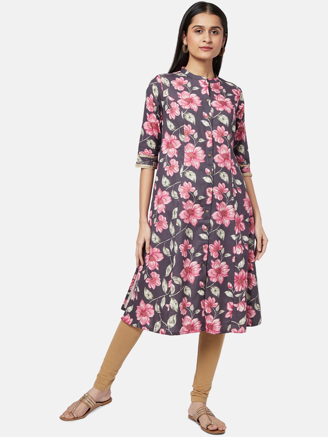 

RANGMANCH BY PANTALOONS Women Brown & Pink Floral Printed Kurta