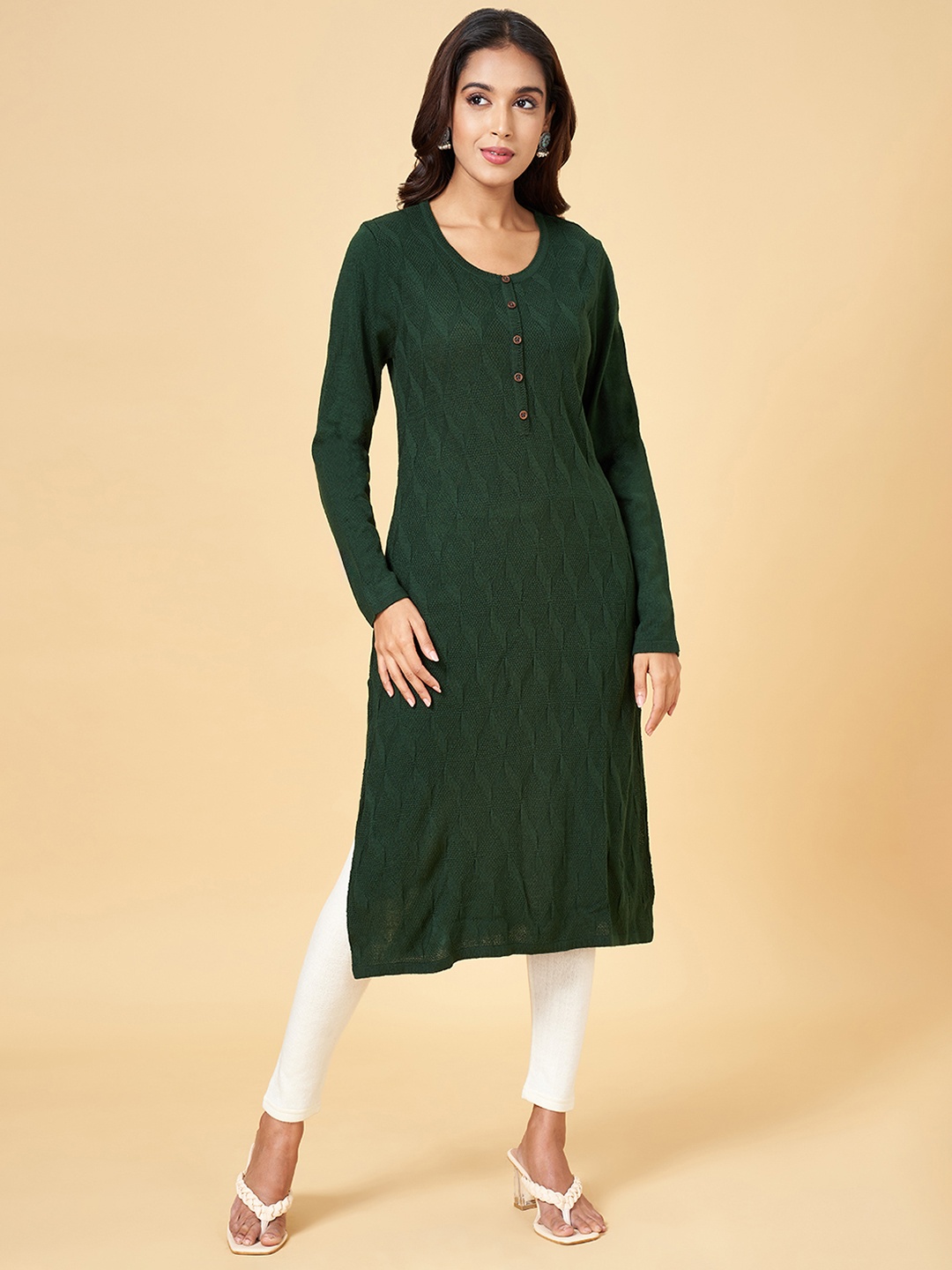 

RANGMANCH BY PANTALOONS Women Olive Green Embroidered Kurta