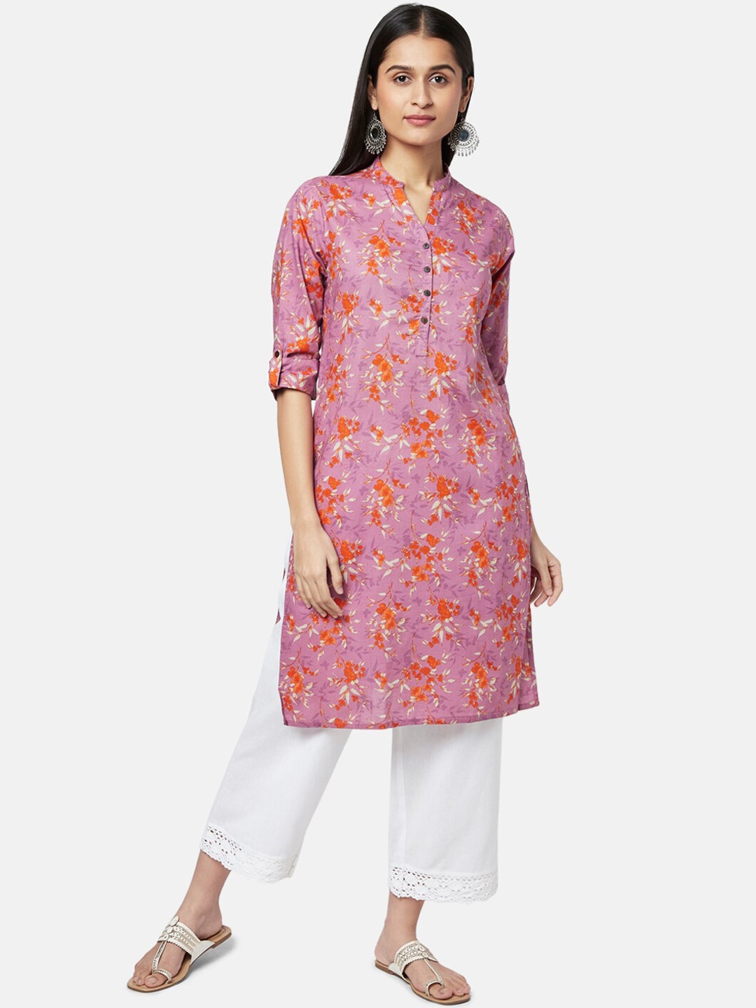 

RANGMANCH BY PANTALOONS Women Pink & Orange Floral Printed Cotton Kurta