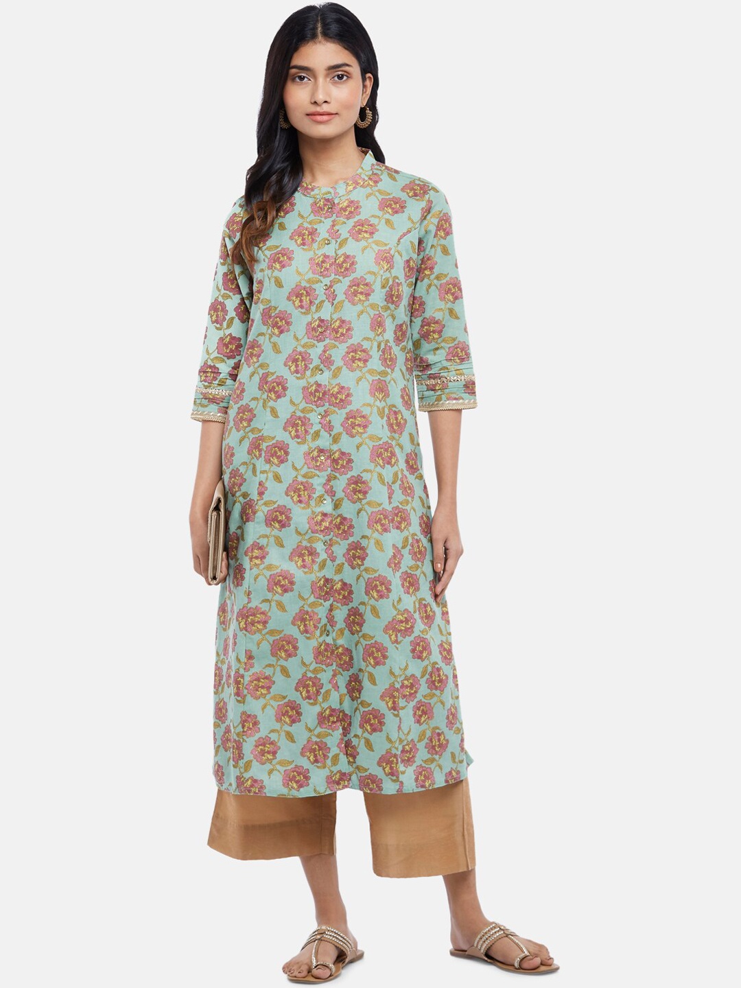 

RANGMANCH BY PANTALOONS Women Teal & Beige Floral Printed Gotta Patti Cotton Kurta