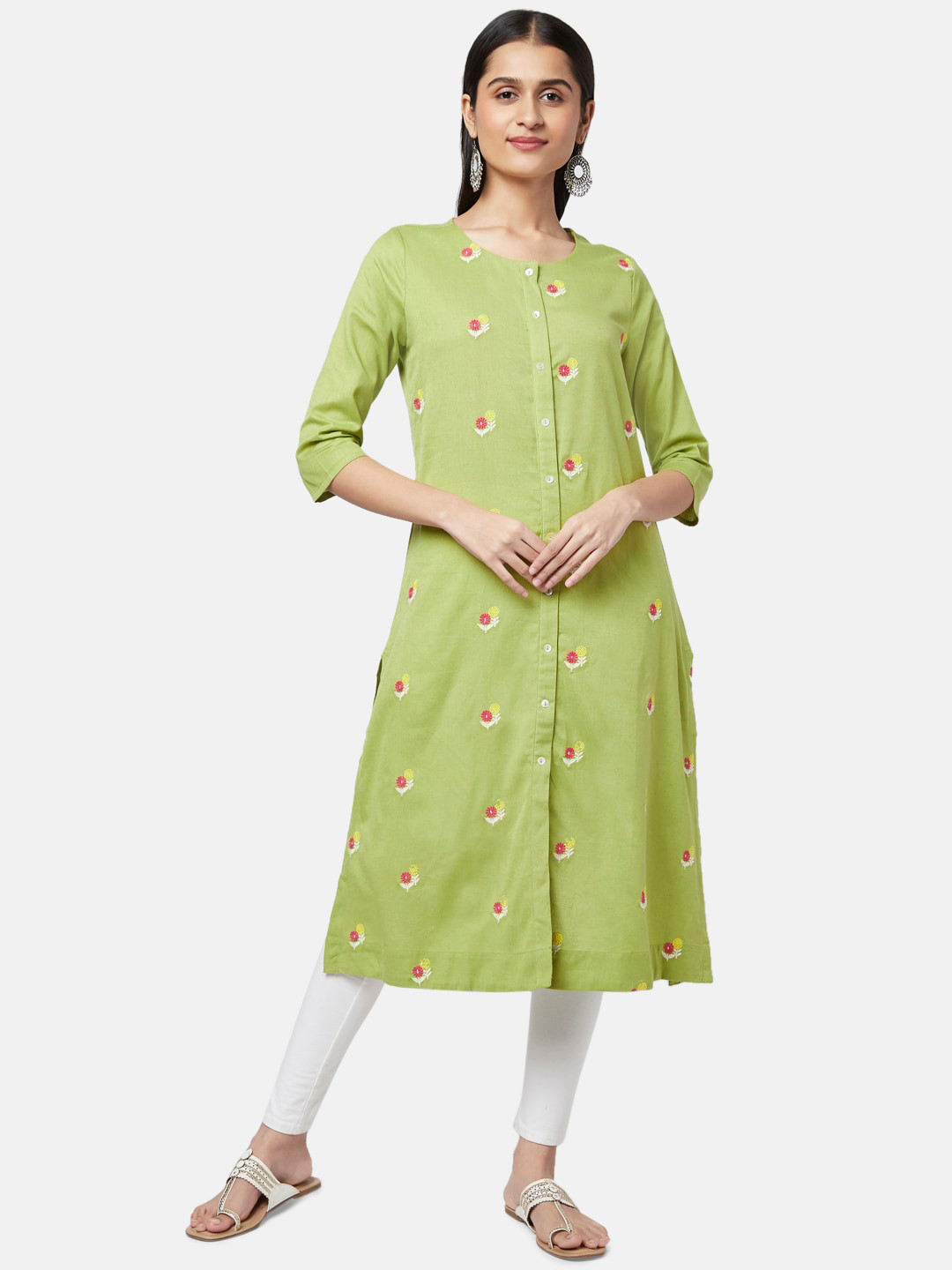 

RANGMANCH BY PANTALOONS Women Green & White Cotton Embroidered Kurta