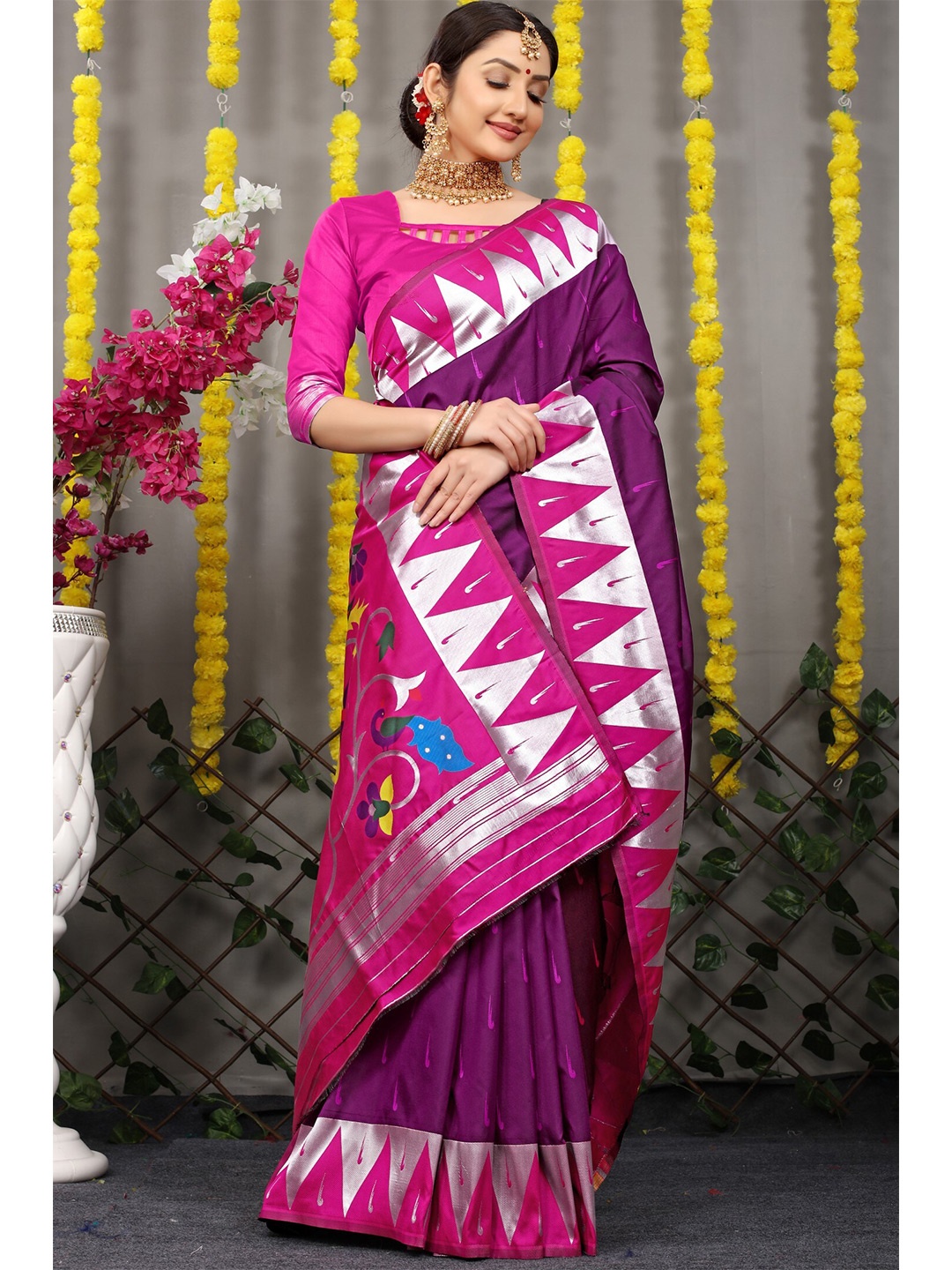 

Anaita Women Purple & Silver-Toned Zari Pure Silk Banarasi Saree