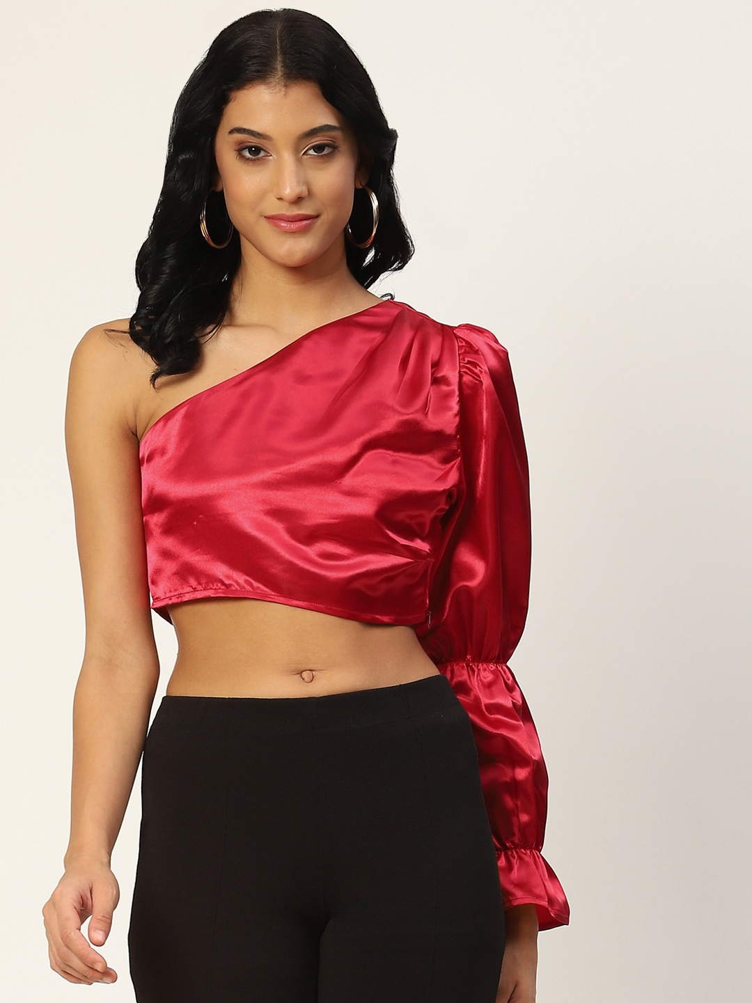 

Aayna Red One Shoulder Bishop Sleeves Blouson Crop Top