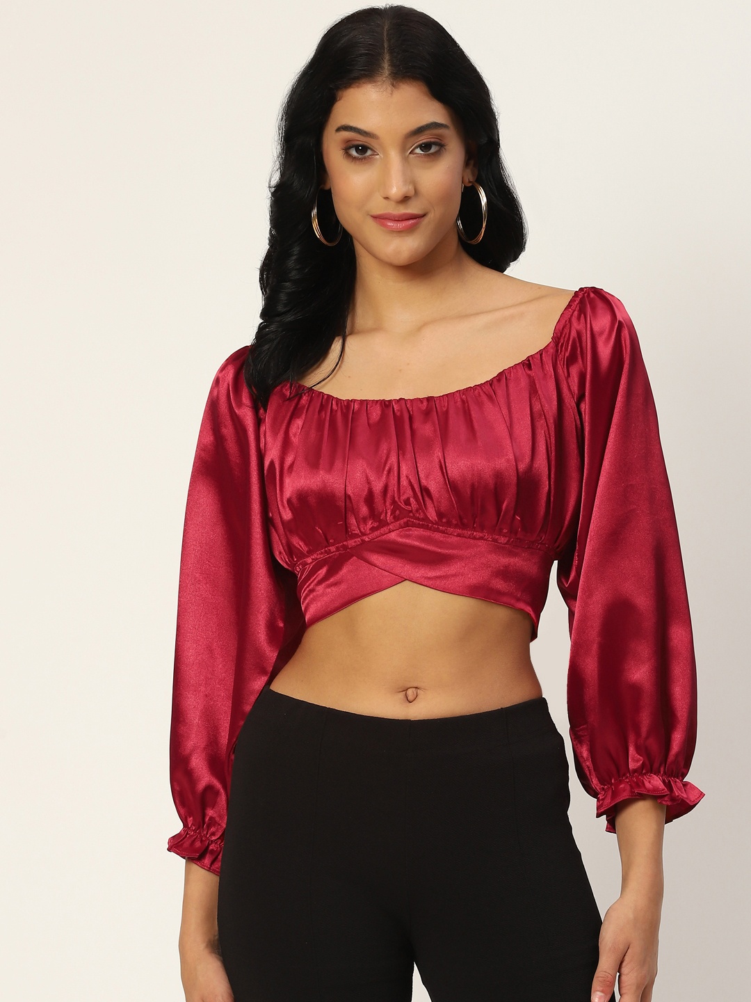 

Aayna Red Off-Shoulder Blouson Crop Top