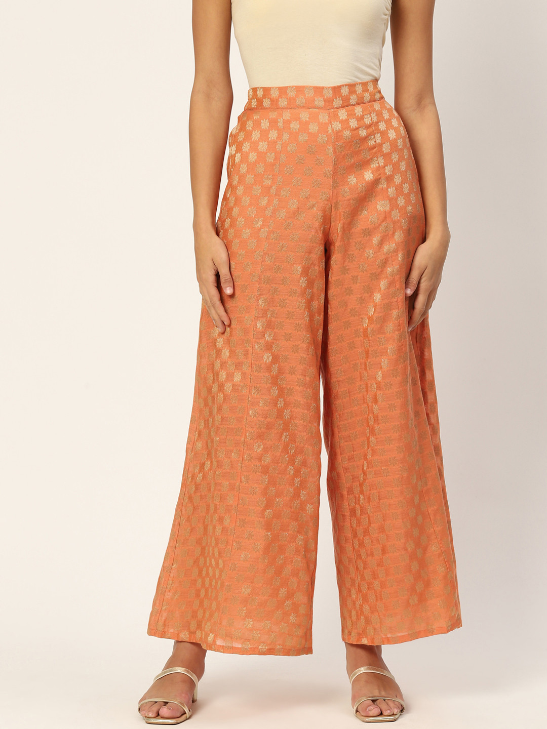 

Aayna Women Orange & Gold-Toned Floral Ethnic Palazzos