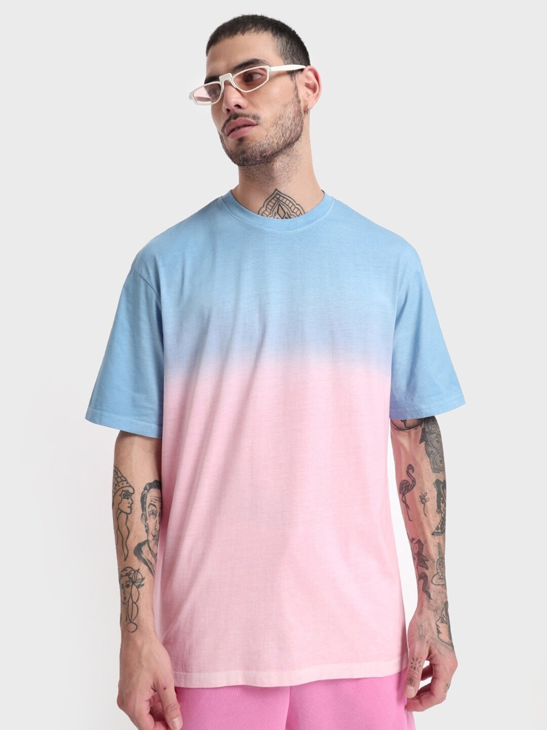 

Bewakoof Plus Men Plus Size Pink & Blue Tie and Dye Printed Loose T-shirt