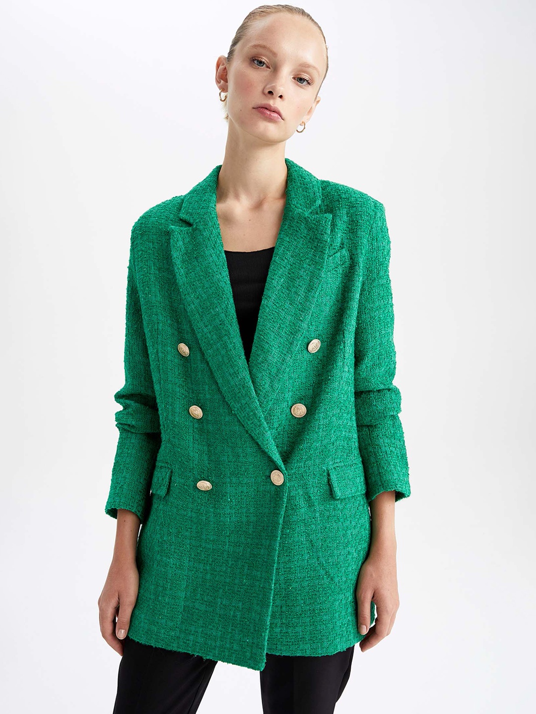 

DeFacto Women Green Solid Double-Breasted Casual Blazer