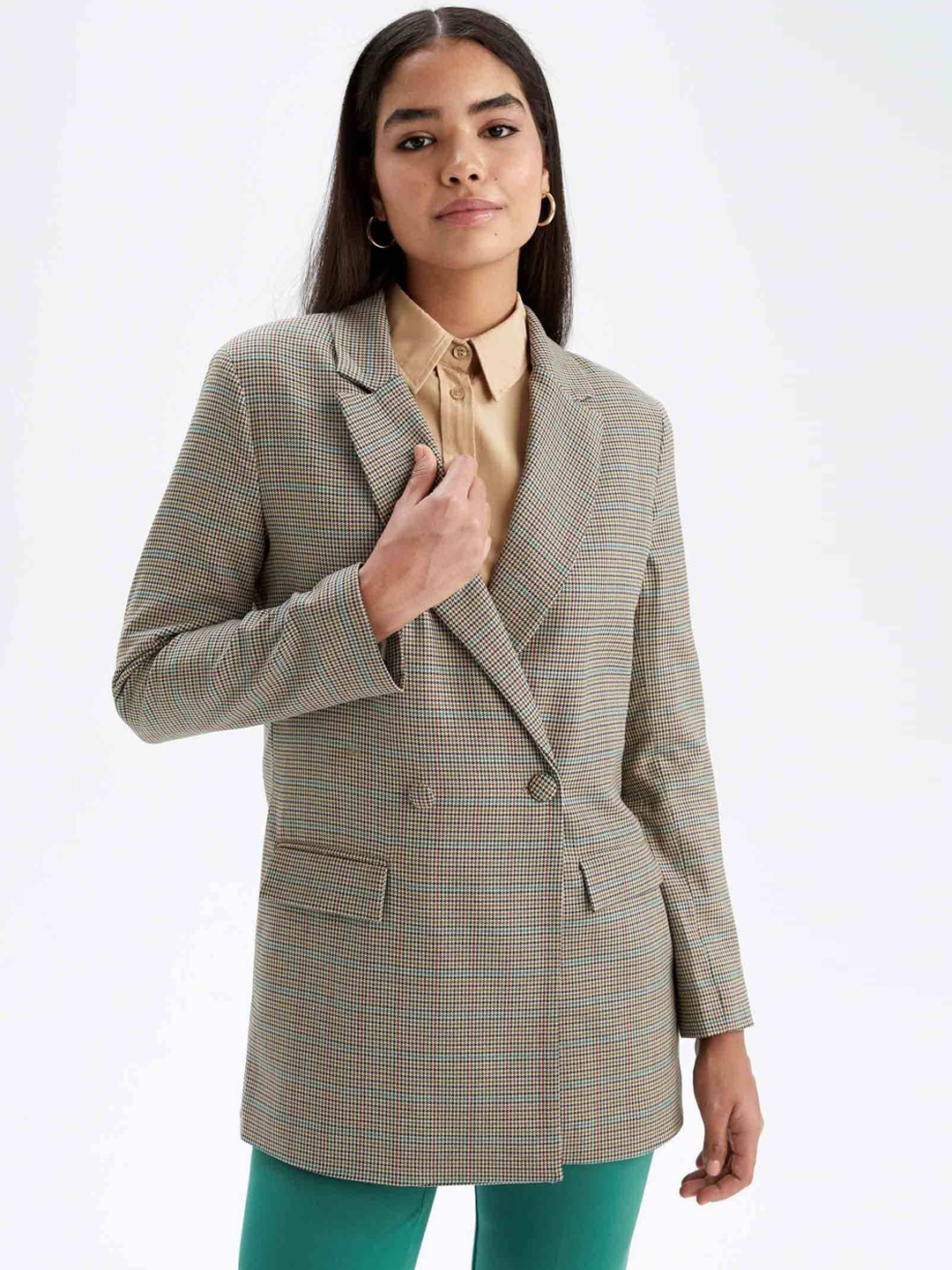 

DeFacto Women Beige Checked Blazer