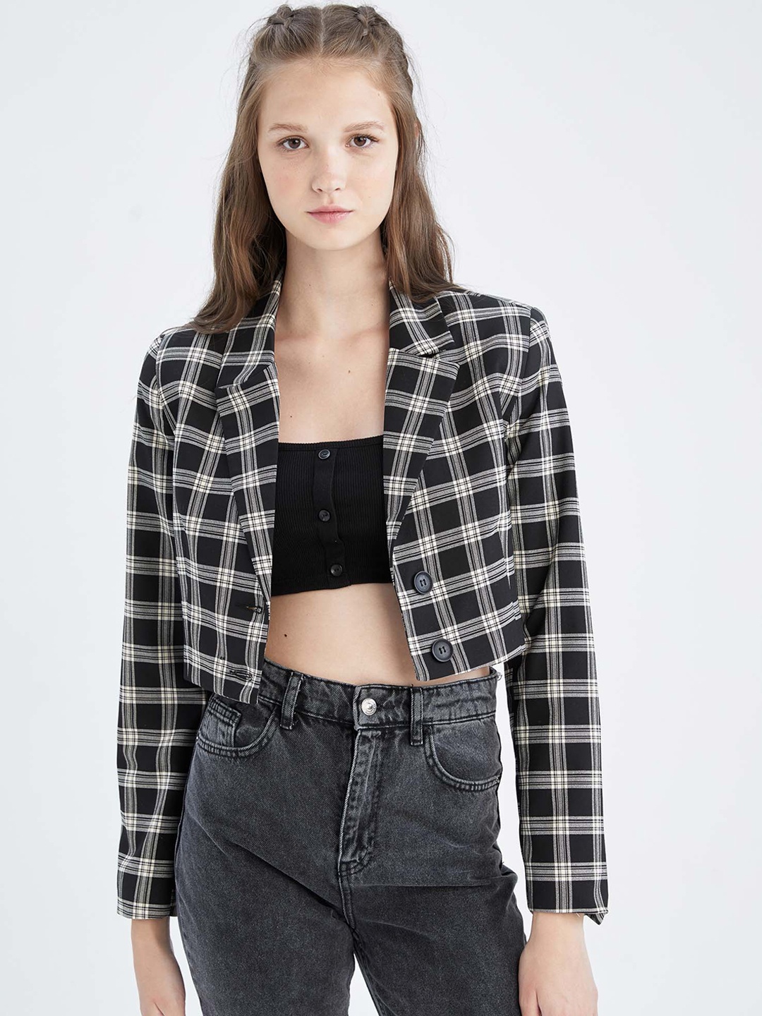

DeFacto Women Plus Size Black Checked Single Breasted Comfort Fit Blazer