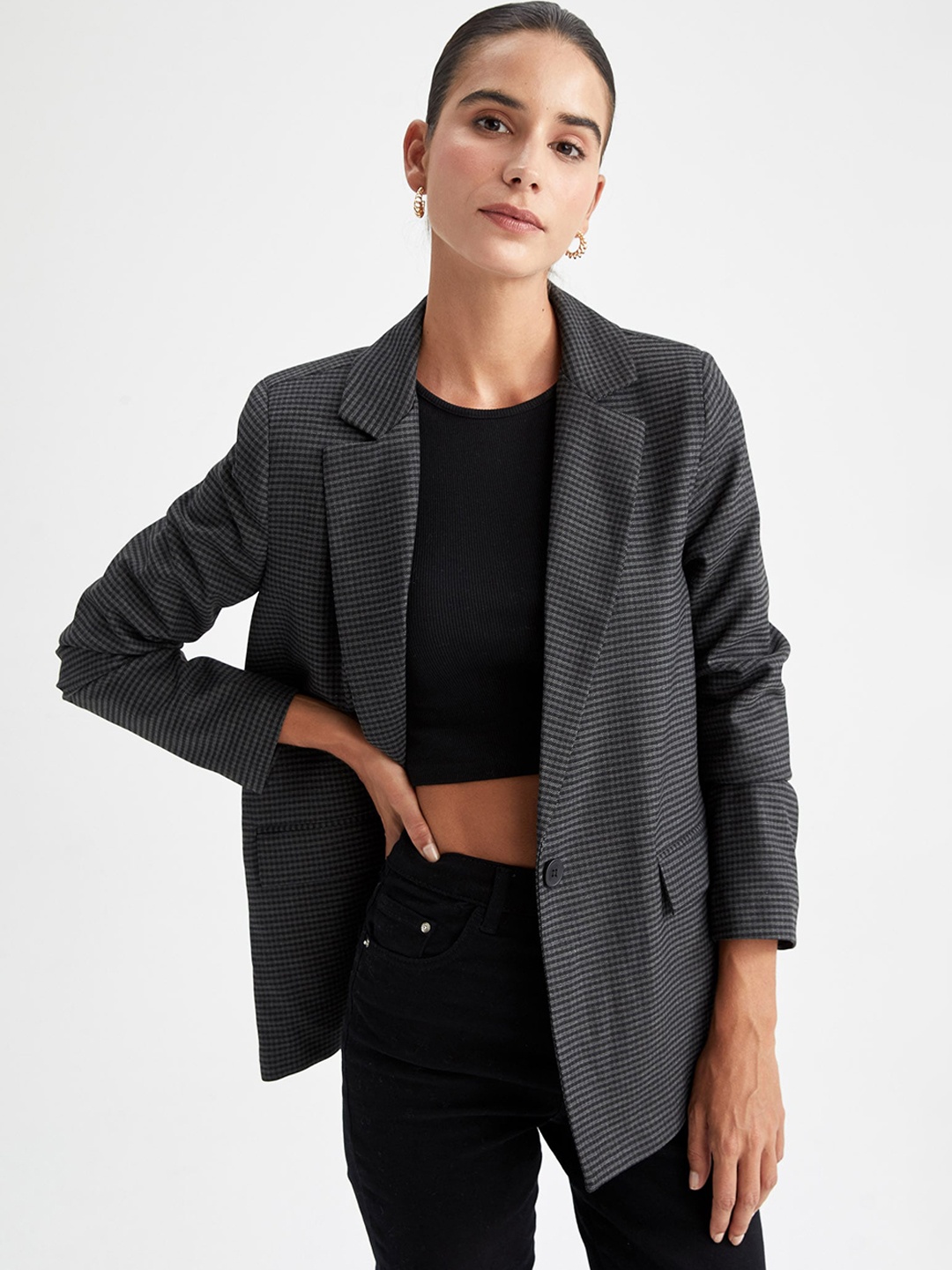 

DeFacto Women Grey Self-Designed Single-Breasted Formal Blazer