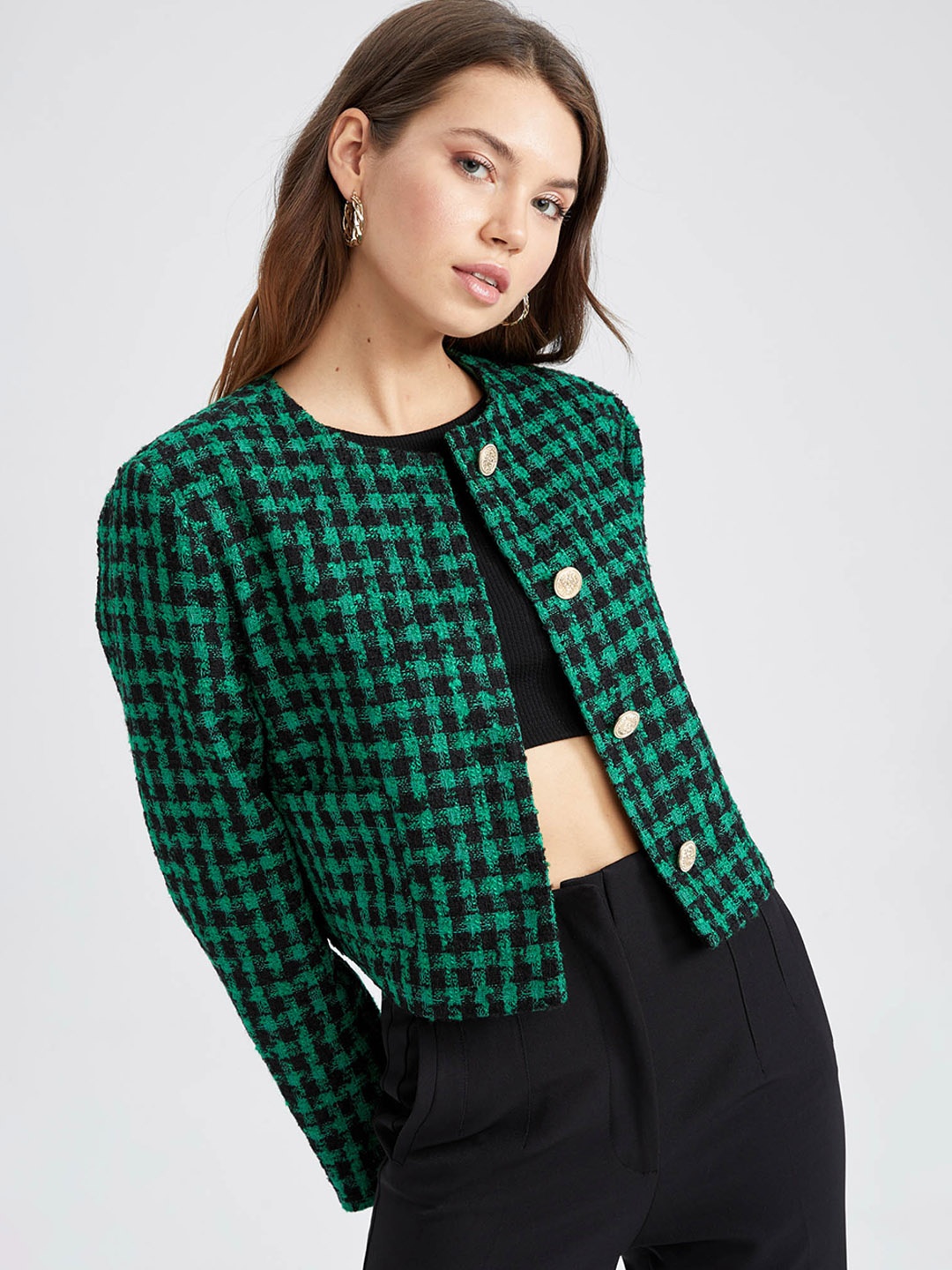 

DeFacto Women Green & Black Checked Single-Breasted Casual Blazer