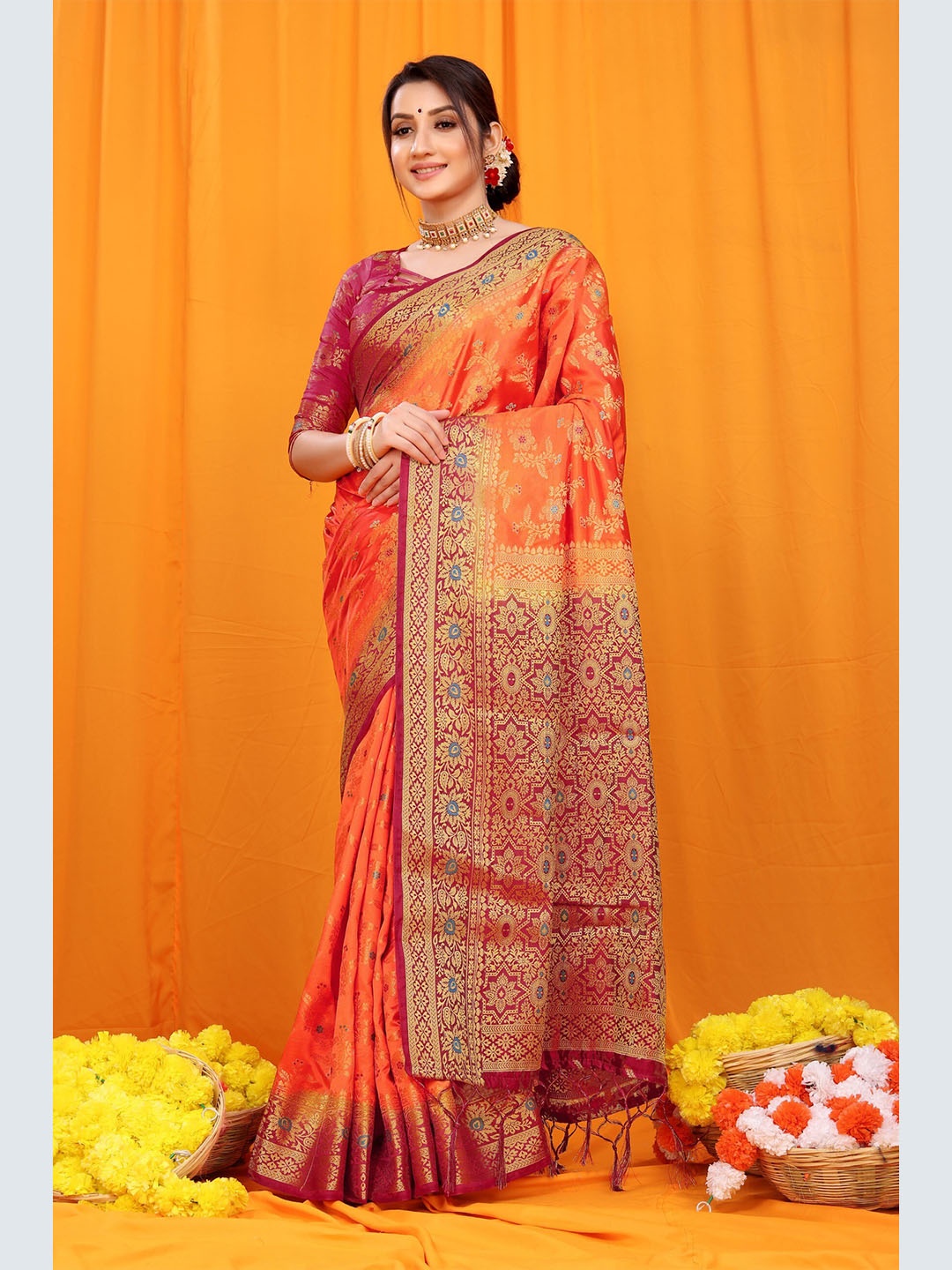 

Anaita Orange & Pink Woven Design Zari Pure Silk Banarasi Saree