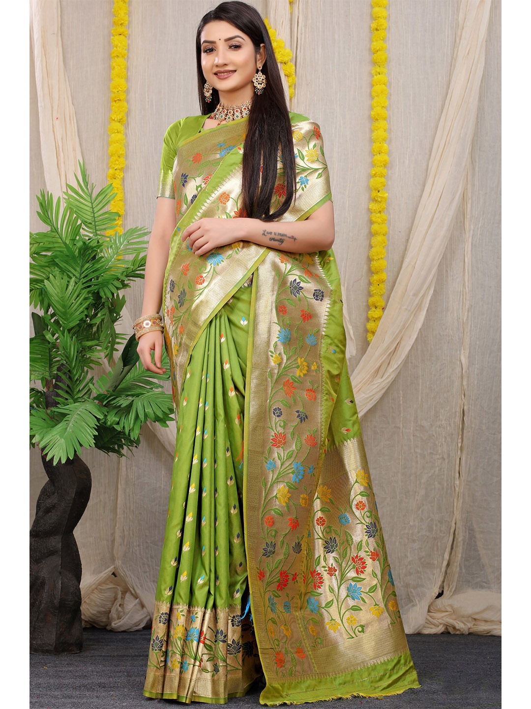 

Anaita Green & Blue Woven Design Zari Pure Silk Banarasi Saree