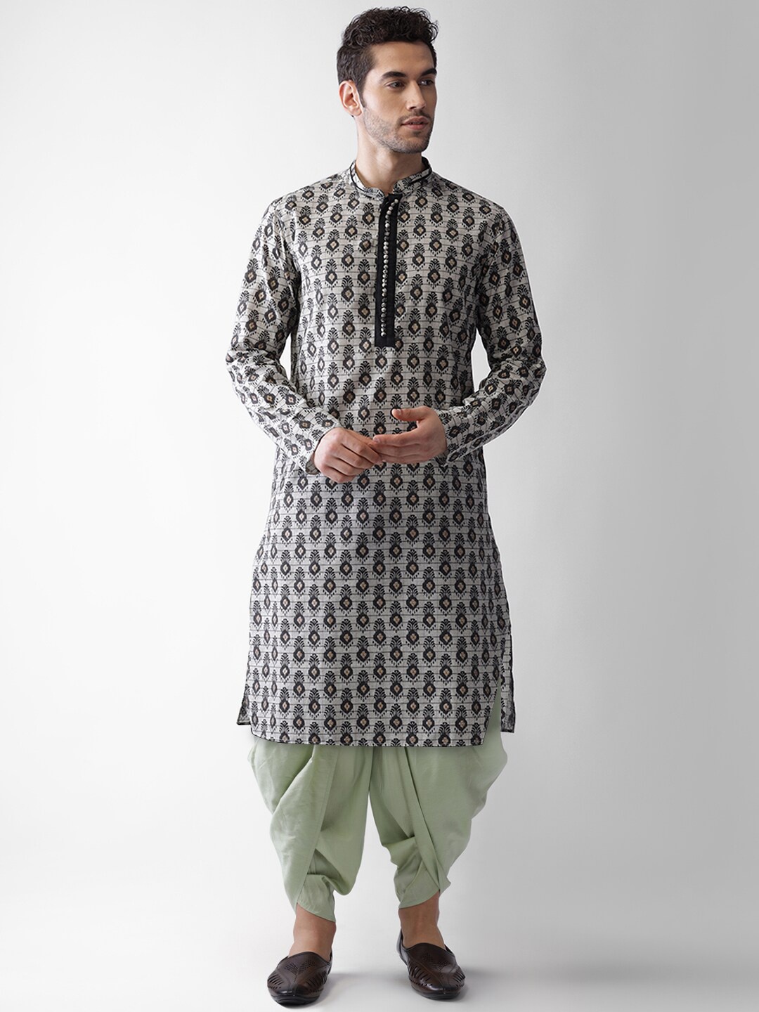 

KISAH Men Grey & Green Printed Cotton Blend Straight Kurta with Dhoti Pants