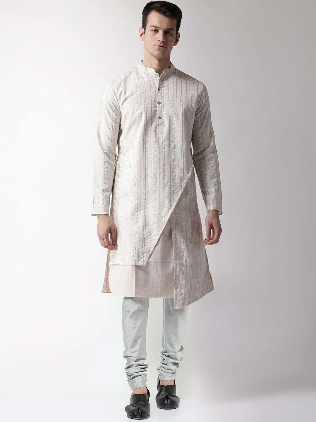 

KISAH Men White Striped Kurta with Churidar