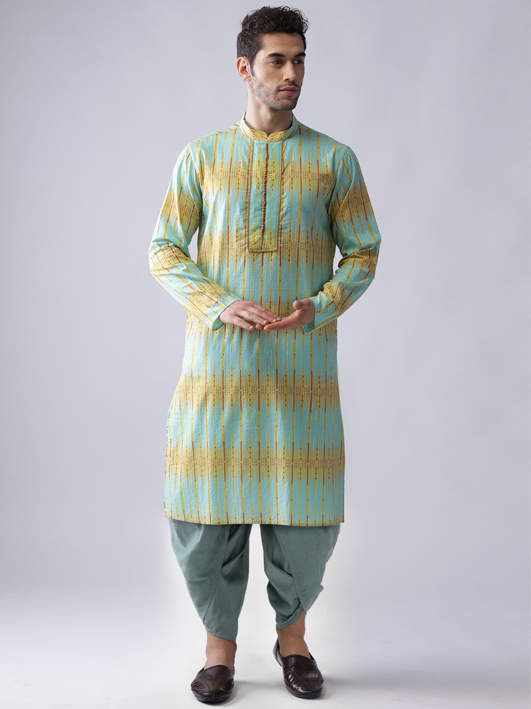 

KISAH Men Green Striped Kurta with Dhoti Pants