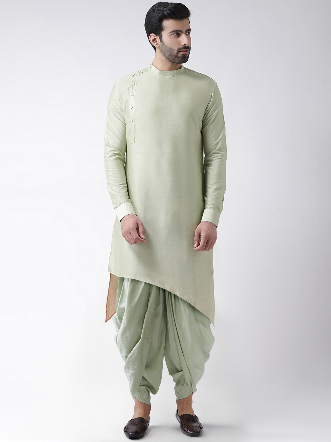 

KISAH Men Regular Fit Solid Asymmetric Kurta Dhoti Set, Green