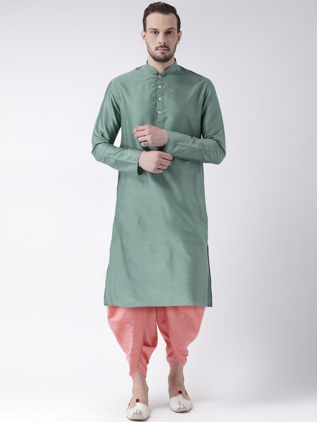 

KISAH Men Green Kurta with Dhoti Pant Set