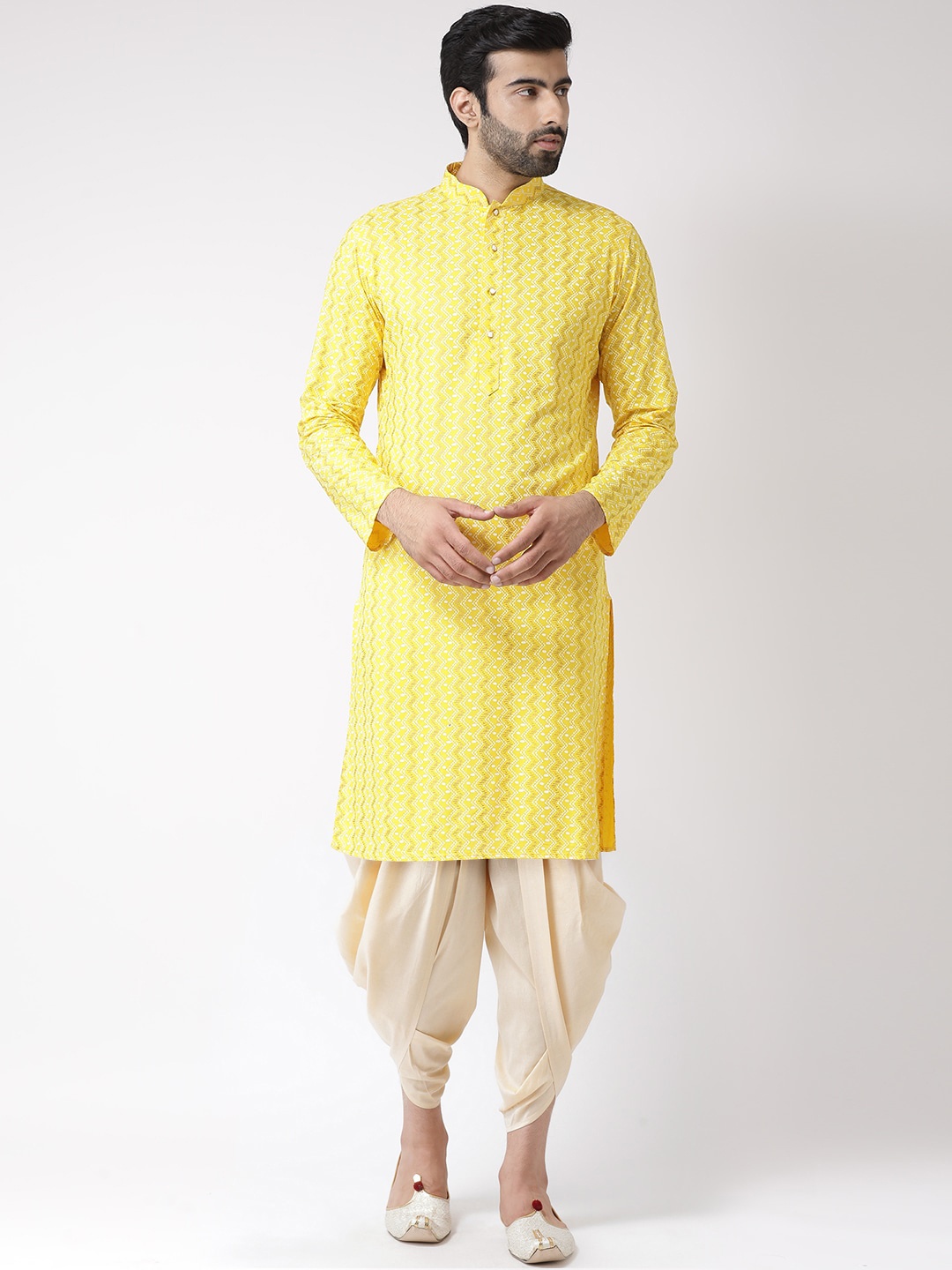 

KISAH Men Yellow Chevron Printed Kurta with Dhoti Pants Set