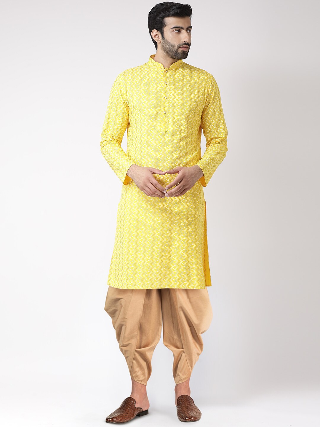 

KISAH Men Yellow Printed Kurta with Dhoti Pants