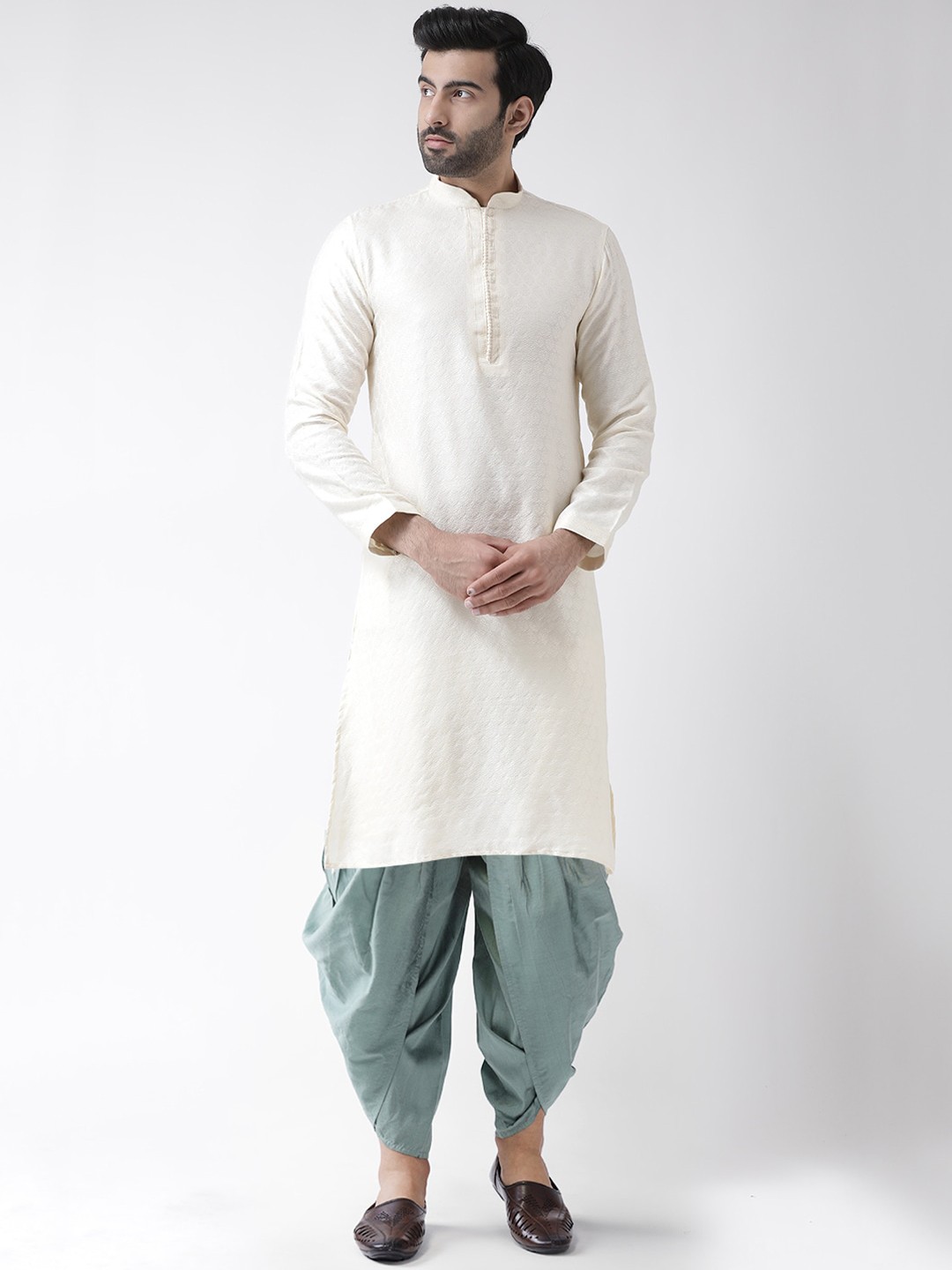 

KISAH Men White Self Design Kurta with Dhoti Pants