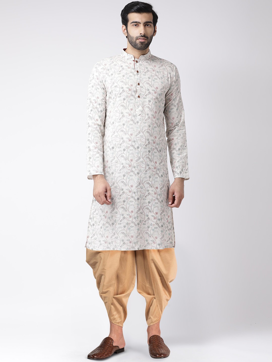 

KISAH Men White Floral Print Kurta with Dhoti Pants Set