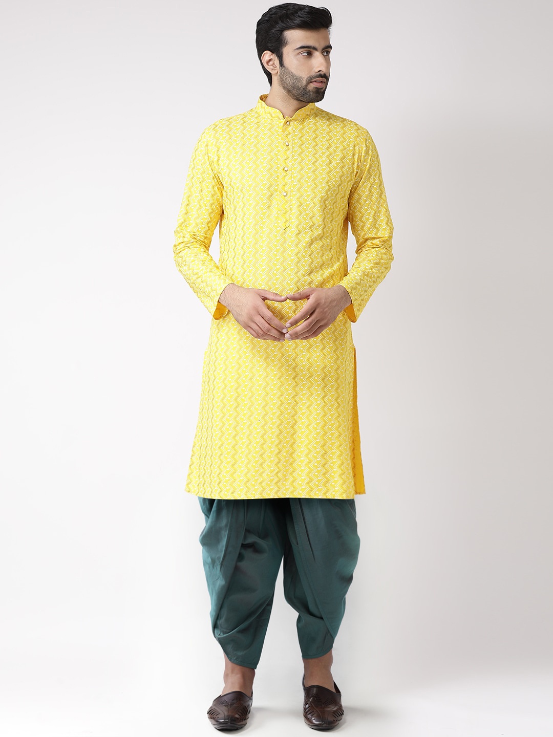

KISAH Men Yellow Printed Straight Kurta with Dhoti Pants