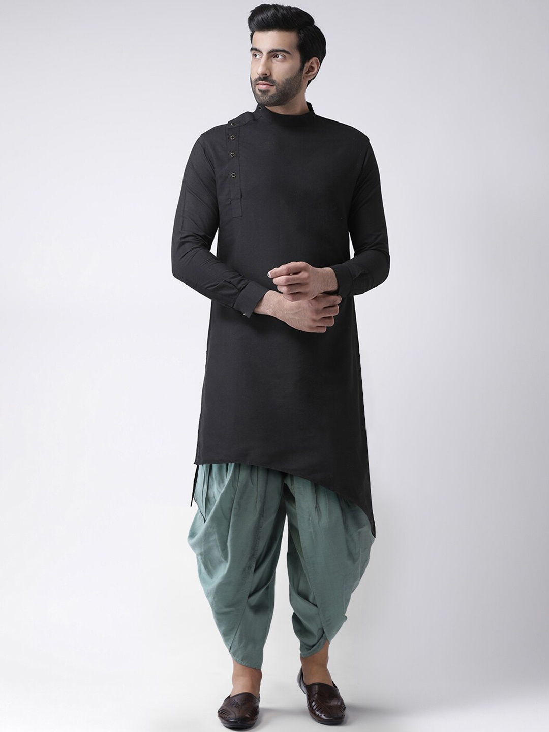 

KISAH Men Regular Fit Solid Asymmetric Kurta Dhoti Set, Black