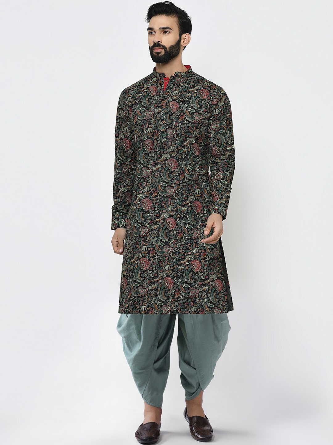 

KISAH Men Black Floral Printed Kurta with Dhoti Pants