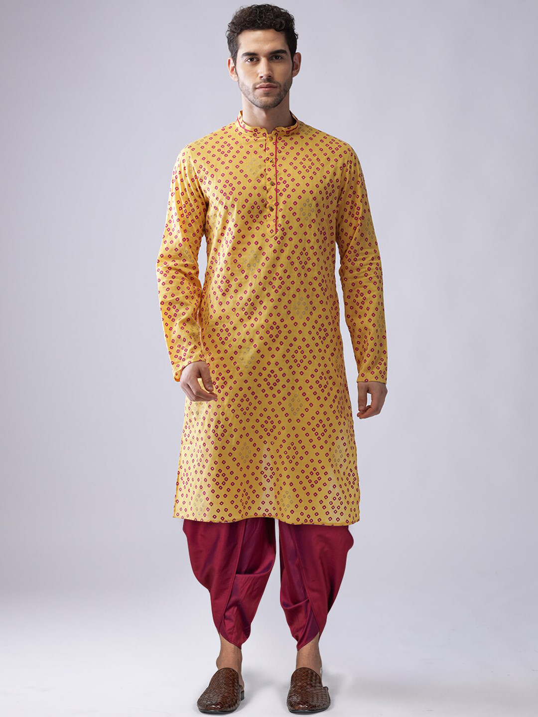 

KISAH Men Yellow Printed Kurta with Dhoti Pants