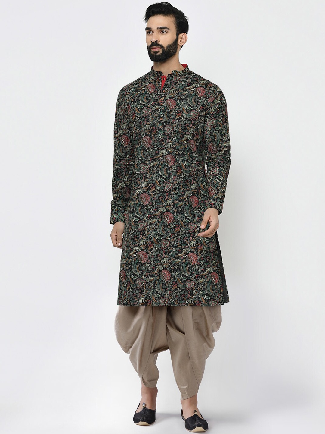 

KISAH Men Green Floral Printed Kurta with Dhoti Pants