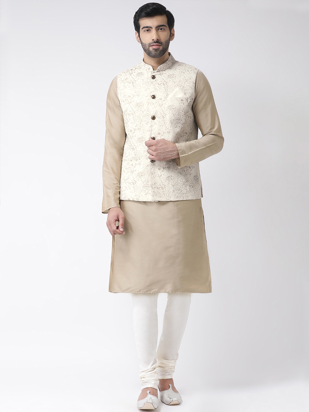 

KISAH Men White Solid Kurta with Churidar with Woven Nehru Jacket